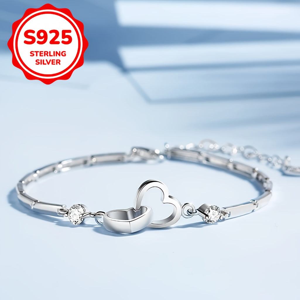 Elegant 925 Sterling Silver Zircon Double Heart Bracelet 