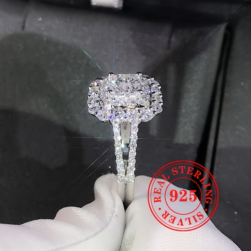 Elegant S925 Shiny Silver Zircon Square Ring 