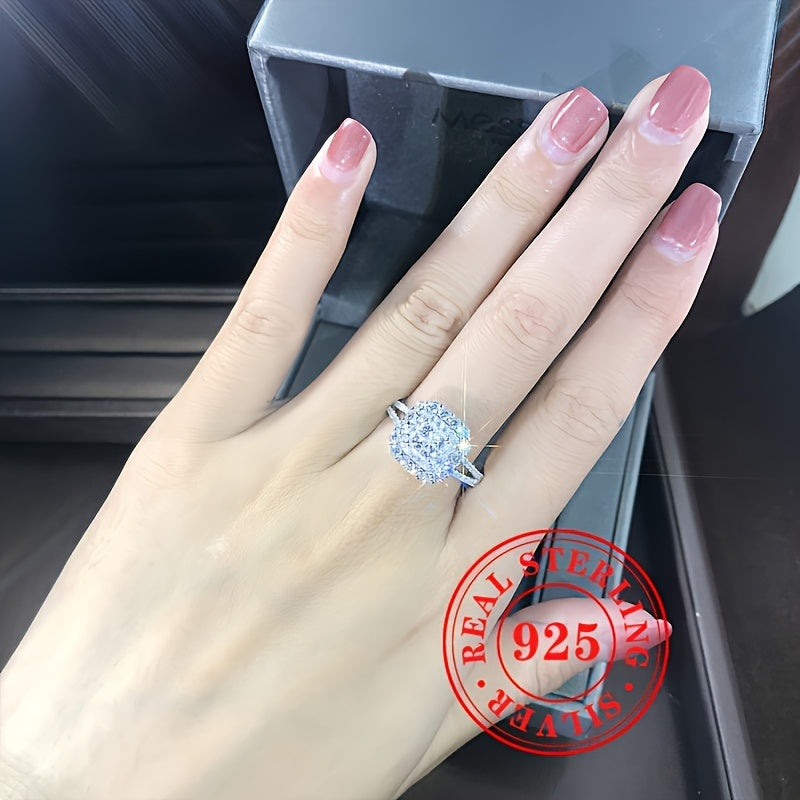 Elegant S925 Shiny Silver Zircon Square Ring 