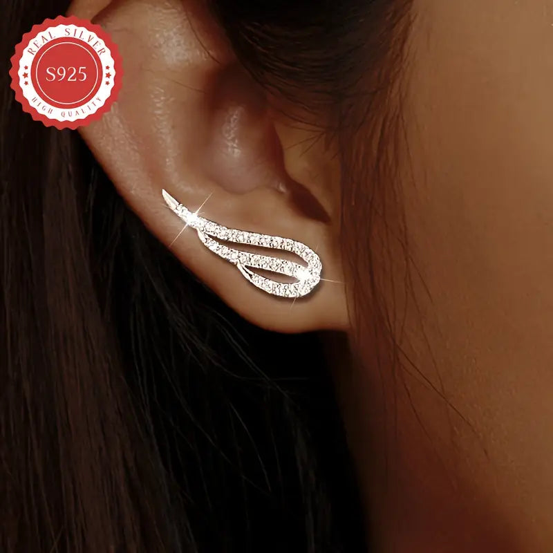 S925 Solid Silver Shiny Wing Earrings with Zircon