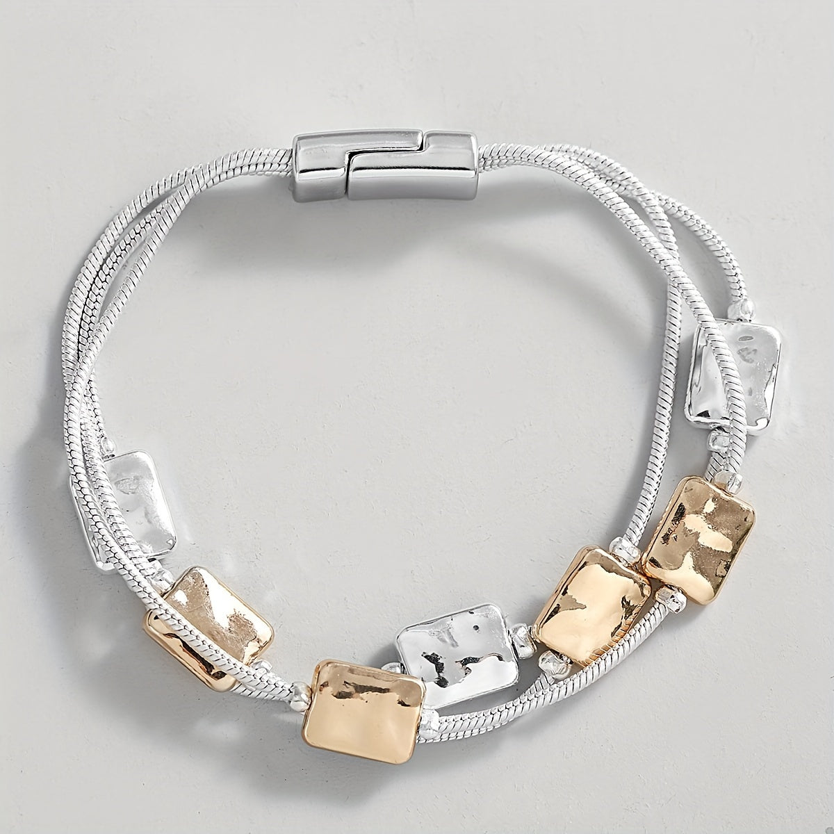 Elegant square beaded bracelet in gold and silver, multi-layered 