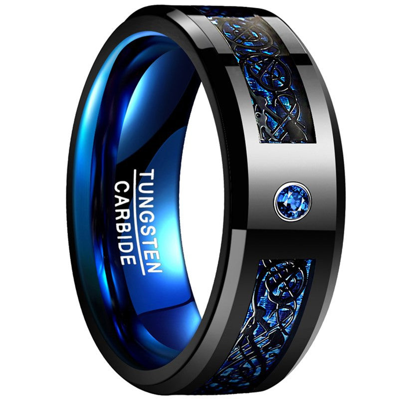 Black Blue Carbon Fiber Tungsten Dragon Ring 