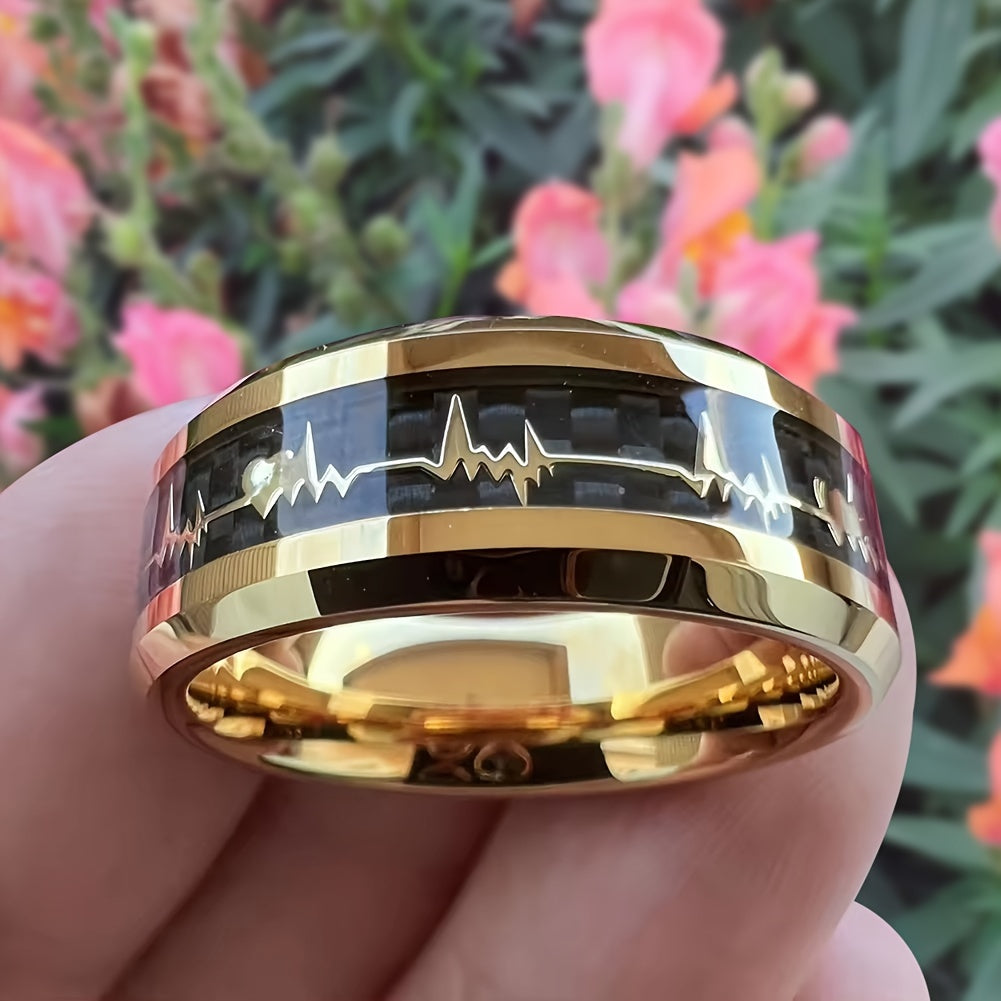 Black Tungsten Steel Ring with Gold ECG Pattern 