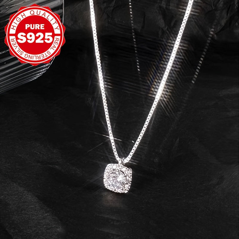 S925 Elegant Sterling Silver Shiny Square Necklace 