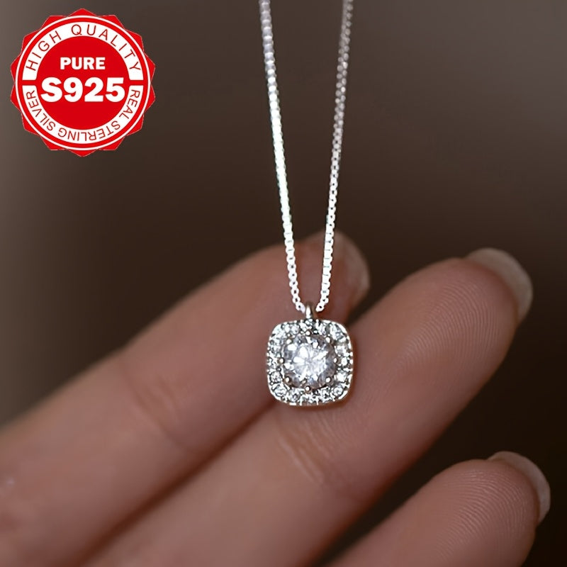 S925 Elegant Sterling Silver Shiny Square Necklace 