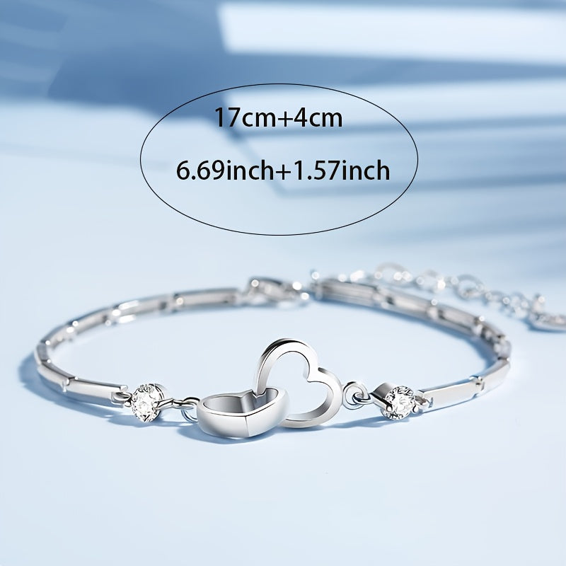 Elegant 925 Sterling Silver Zircon Double Heart Bracelet 