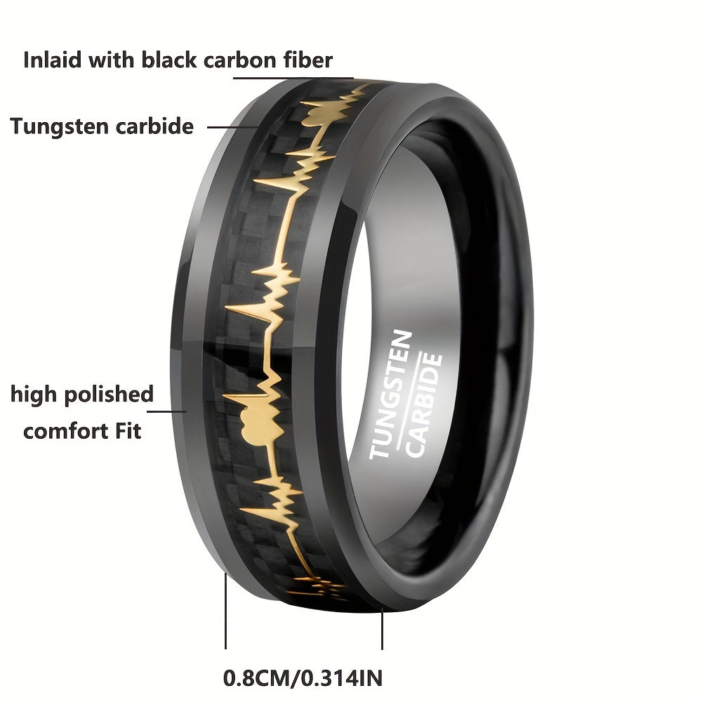 Black Tungsten Steel Ring with Gold ECG Pattern 