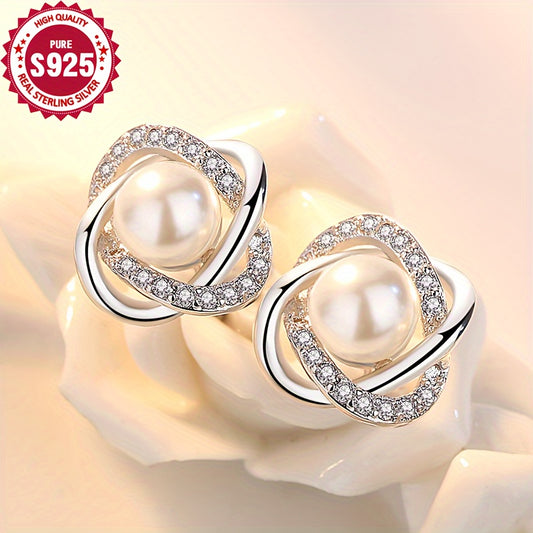 Fashionable 925 Pure Silver Pearl Earrings for Women