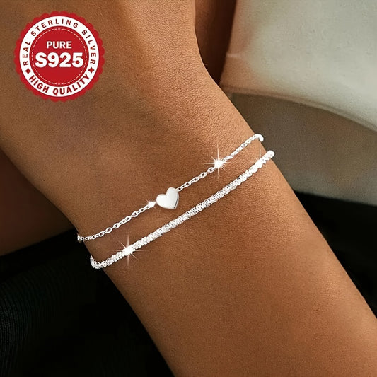 Elegant Double Layer Heart Bracelet in S925 Sterling Silver