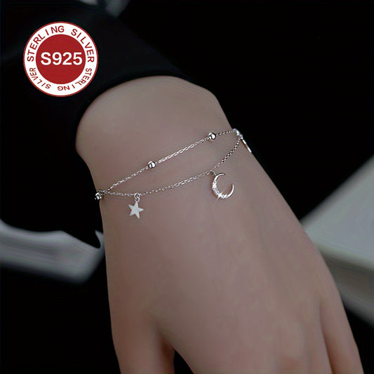 Elegant 925 Sterling Silver Double Layered Bracelet with Star and Moon