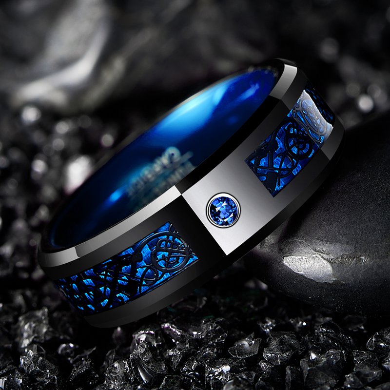 Black Blue Carbon Fiber Tungsten Dragon Ring 