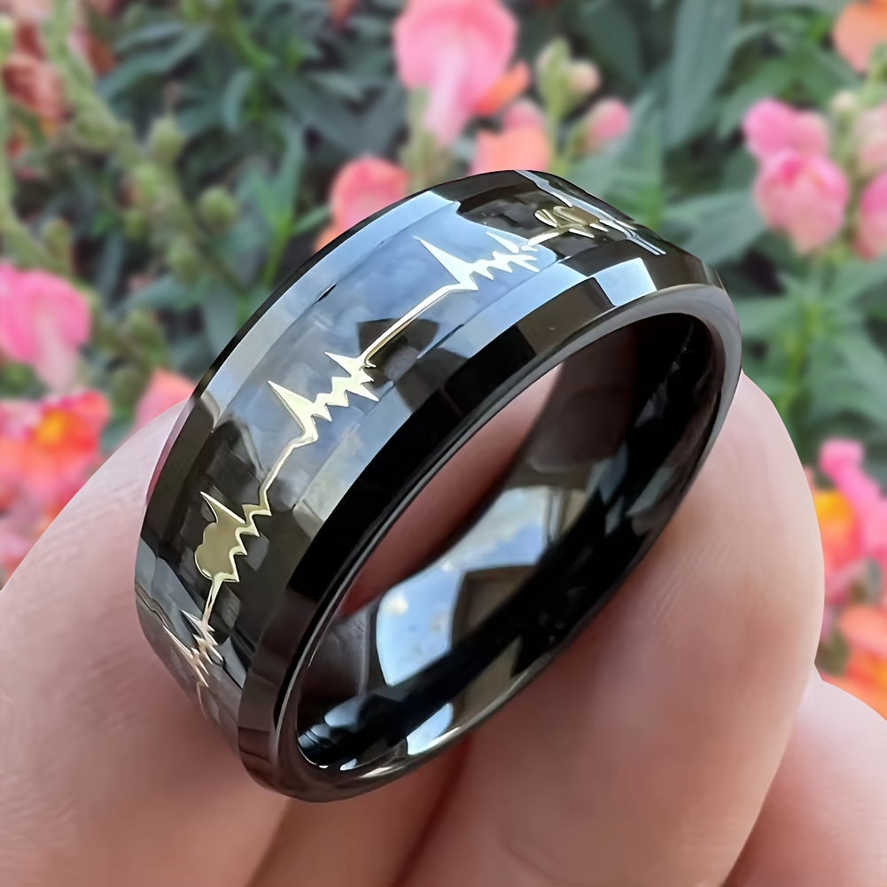 Black Tungsten Steel Ring with Gold ECG Pattern 