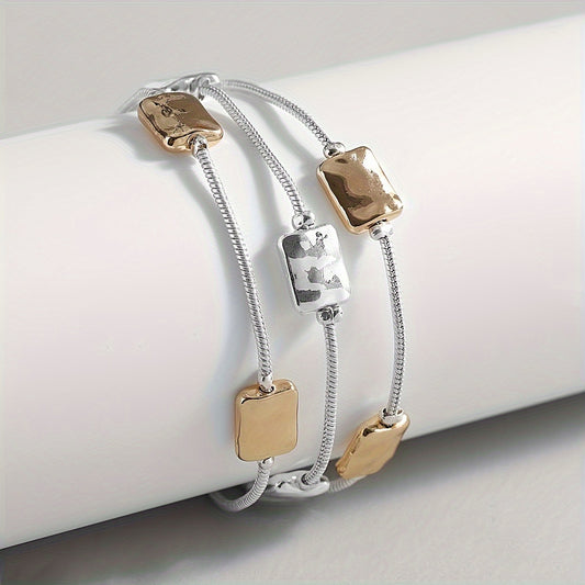 Elegant square beaded bracelet in gold and silver, multi-layered 