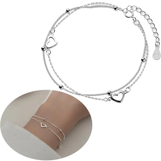 925 Silver Heart Bead Bracelet Double Design 