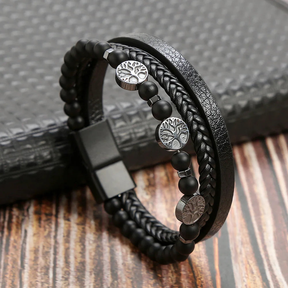 Classic men's beaded leather bracelet 