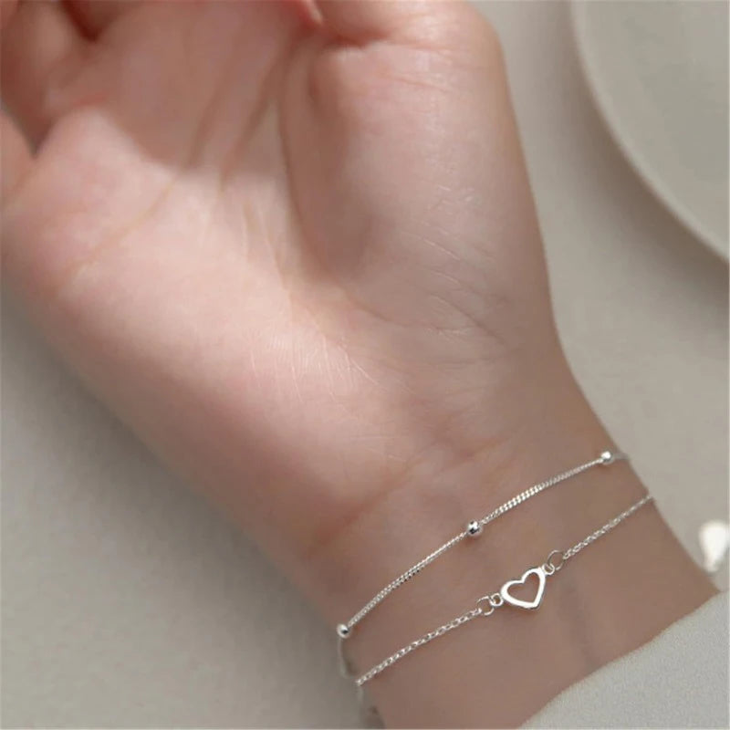 925 Silver Heart Bead Bracelet Double Design 