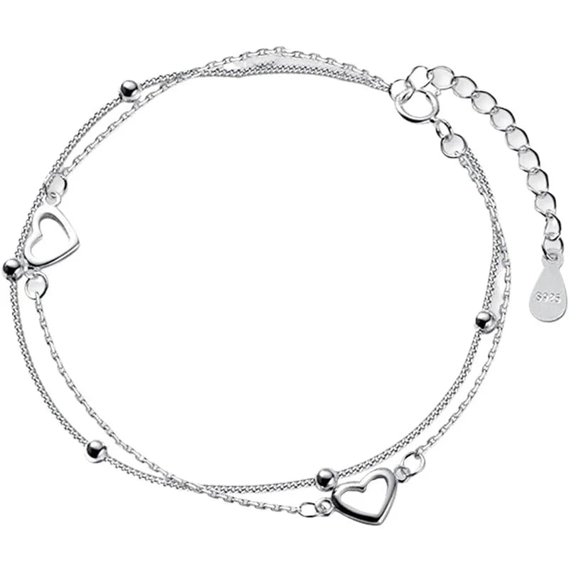 925 Silver Heart Bead Bracelet Double Design 