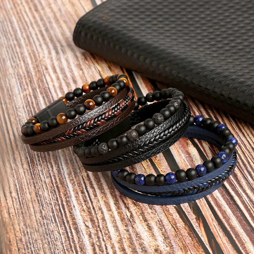 Classic men's beaded leather bracelet 