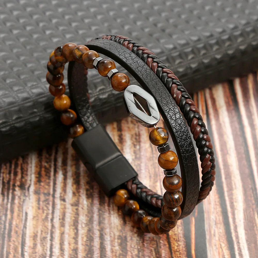 Classic men's beaded leather bracelet 