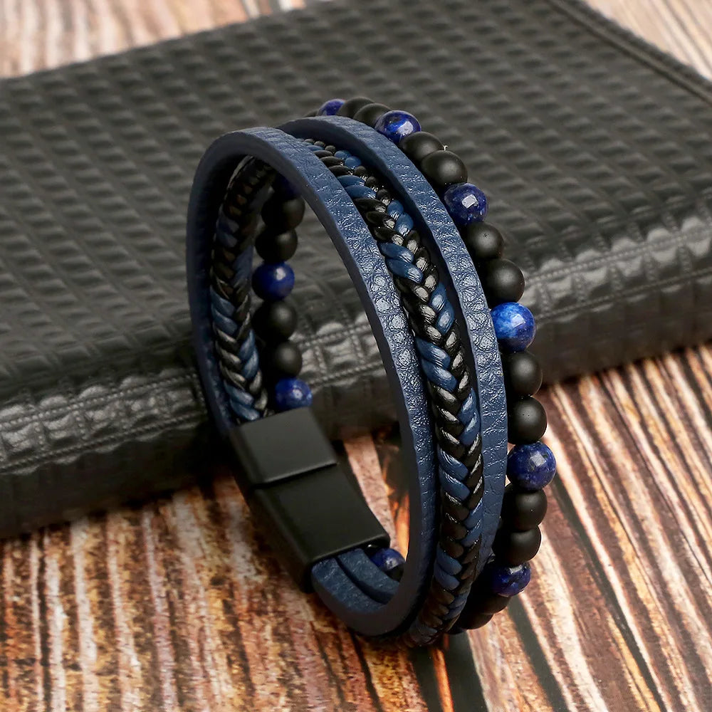 Classic men's beaded leather bracelet 