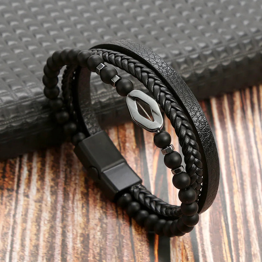 Classic men's beaded leather bracelet 