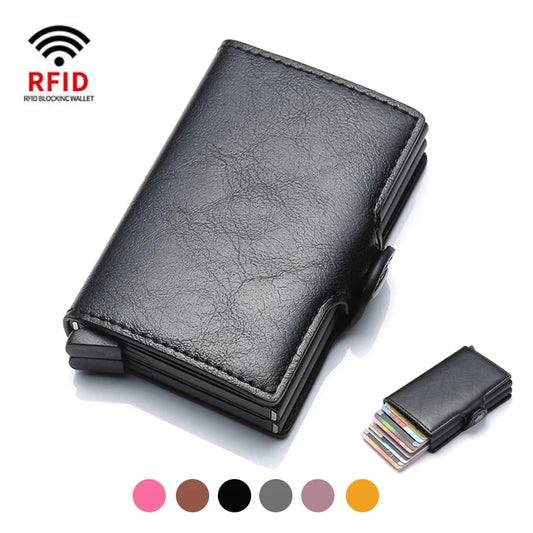 Double leather wallet with anti-scan credit cards for men 