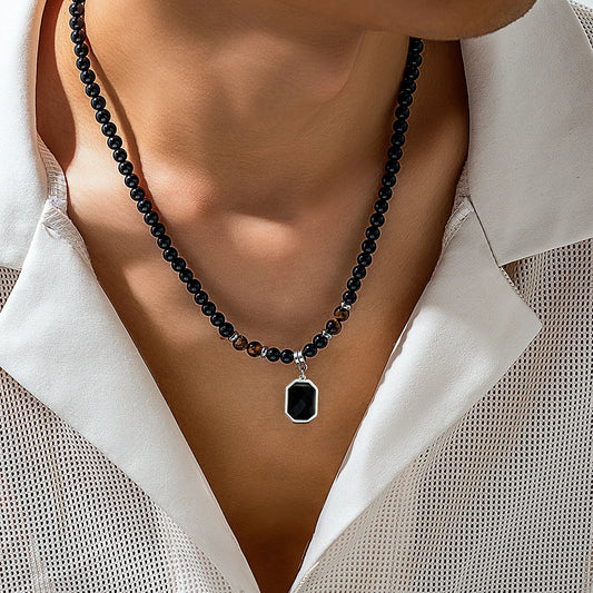 Square pendant necklace with black beads 