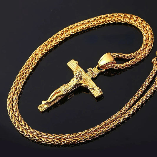 Jesus Cross Pendant Necklace Gold Color 