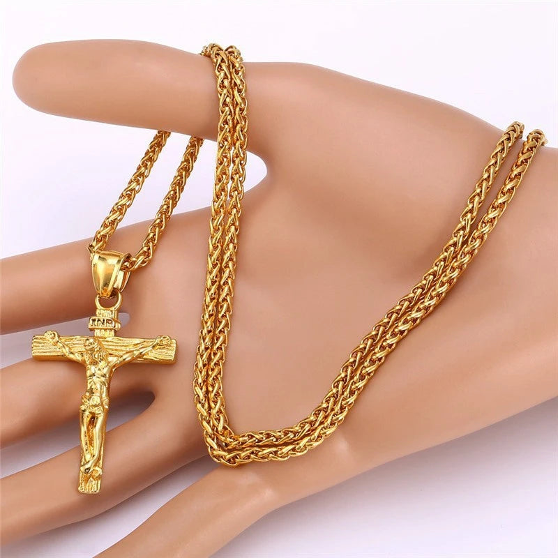 Jesus Cross Pendant Necklace Gold Color 