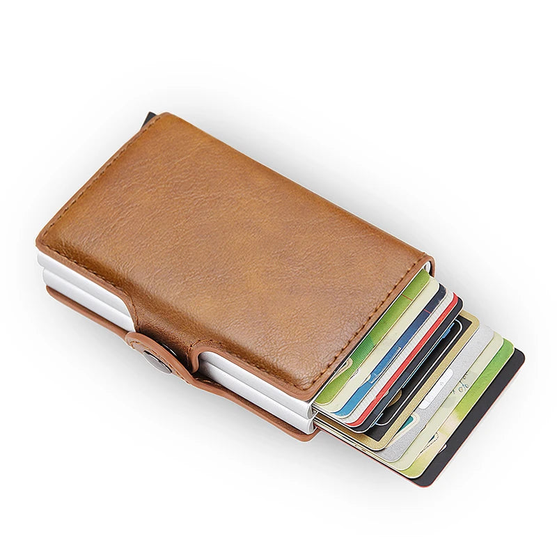 Double leather wallet with anti-scan credit cards for men 