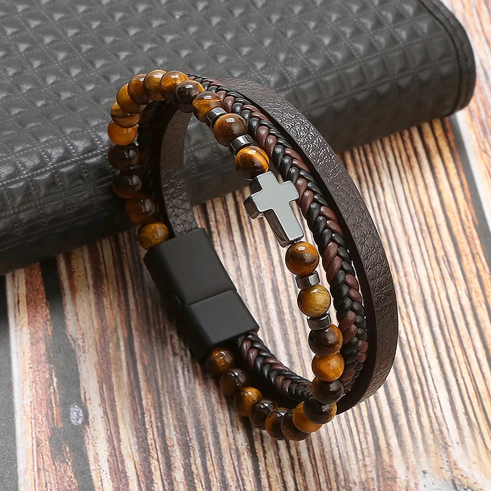 Classic men's beaded leather bracelet 