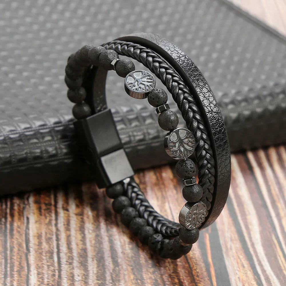 Classic men's beaded leather bracelet 