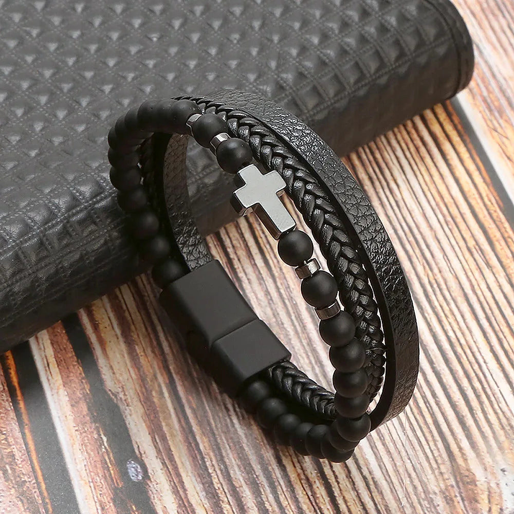 Classic men's beaded leather bracelet 