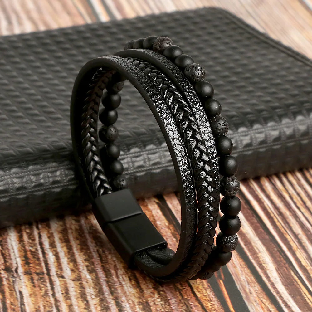 Classic men's beaded leather bracelet 