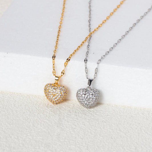 Stainless steel gold zircon heart pendant