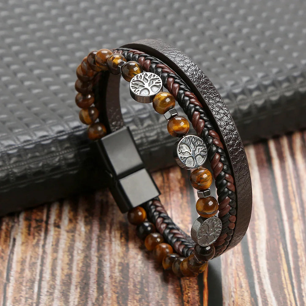 Classic men's beaded leather bracelet 