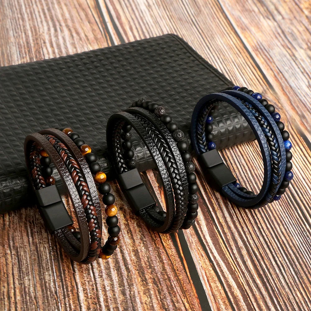 Classic men's beaded leather bracelet 