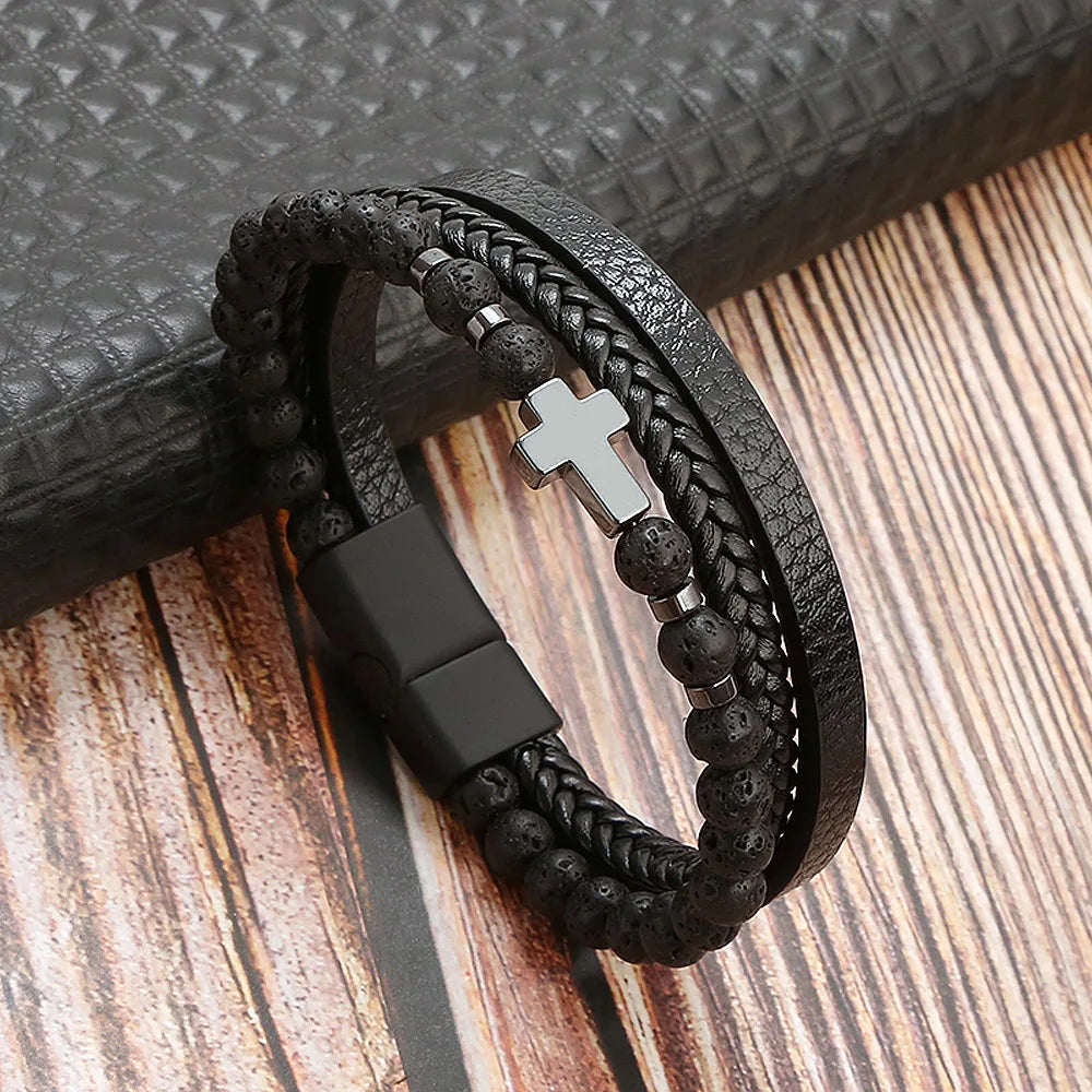 Classic men's beaded leather bracelet 