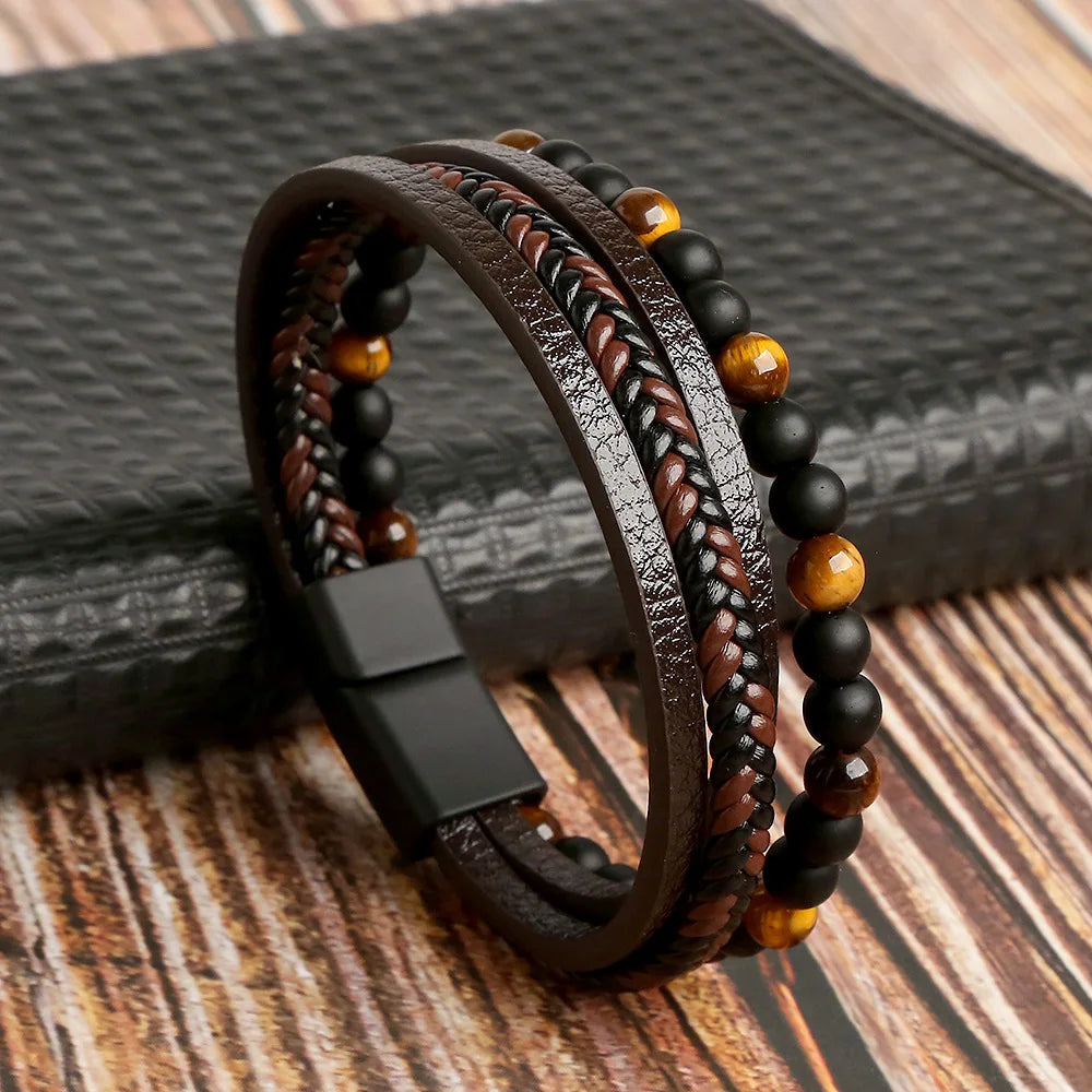 Classic men's beaded leather bracelet 