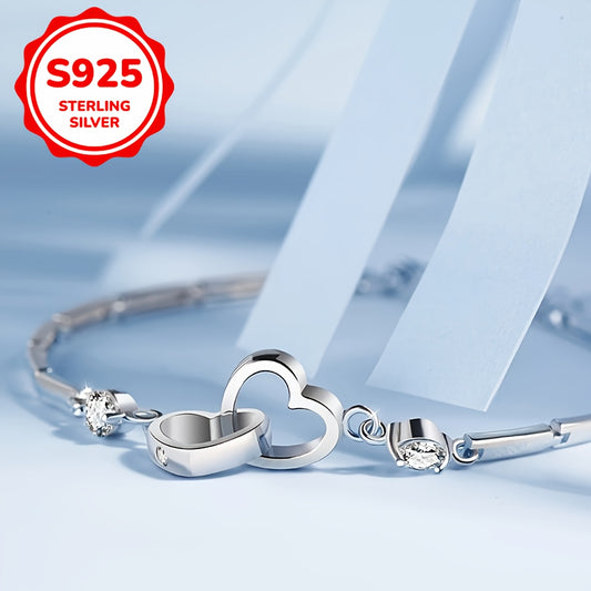 Elegant 925 Sterling Silver Zircon Double Heart Bracelet 