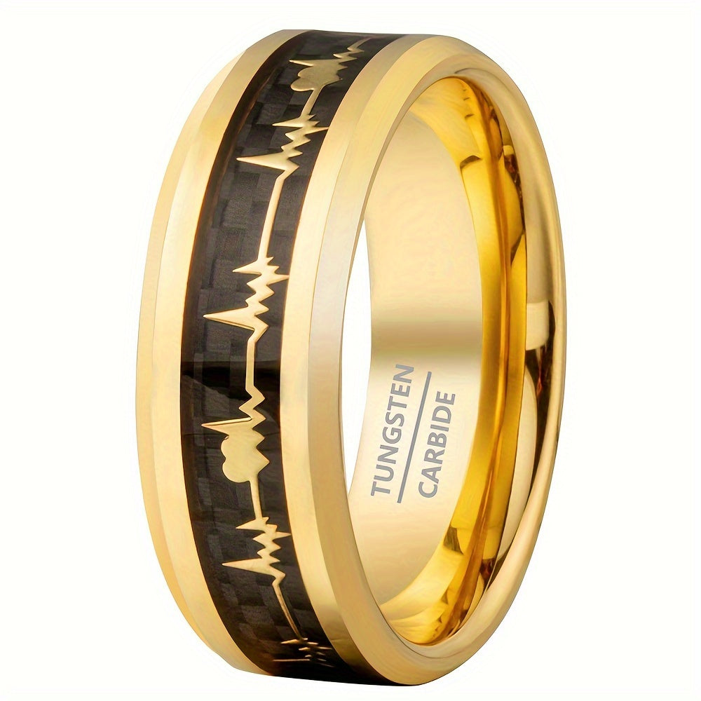 Black Tungsten Steel Ring with Gold ECG Pattern 