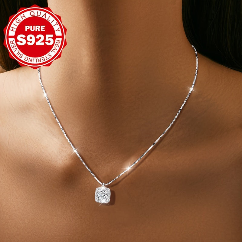 S925 Elegant Sterling Silver Shiny Square Necklace 