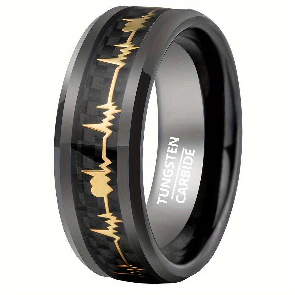 Black Tungsten Steel Ring with Gold ECG Pattern 