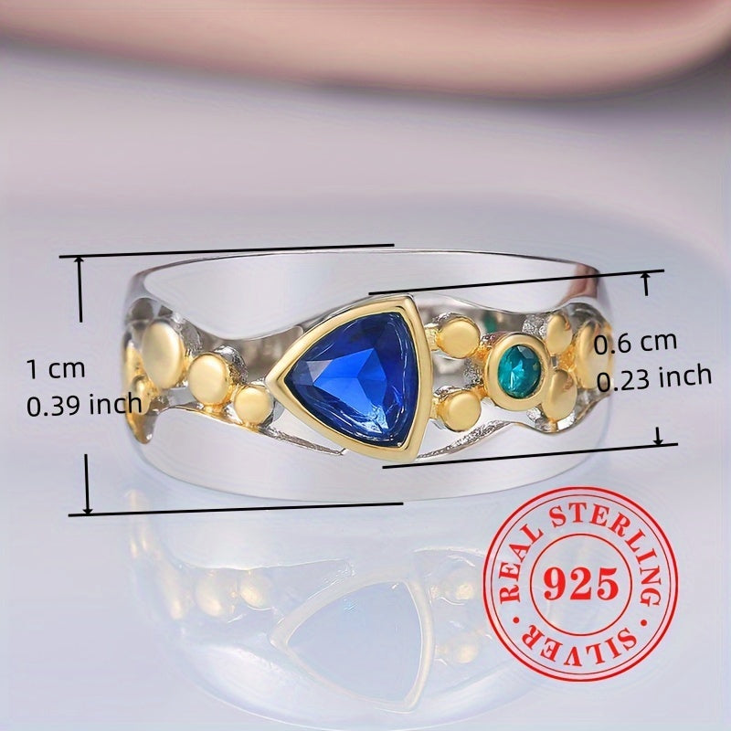 Vintage triangle ring in blue colors and 925 sterling silver